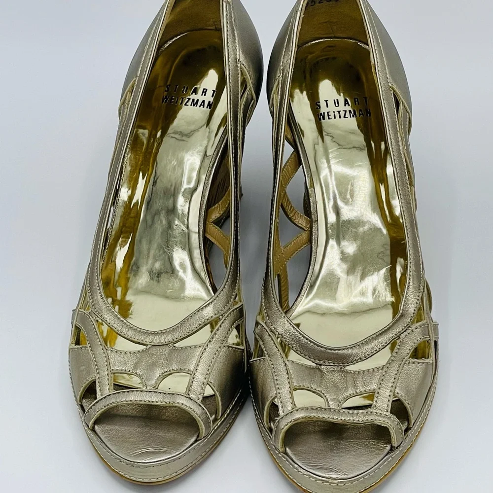 Stuart Weitzman Metallic Taupe Peep-Toe Wedge Shoes